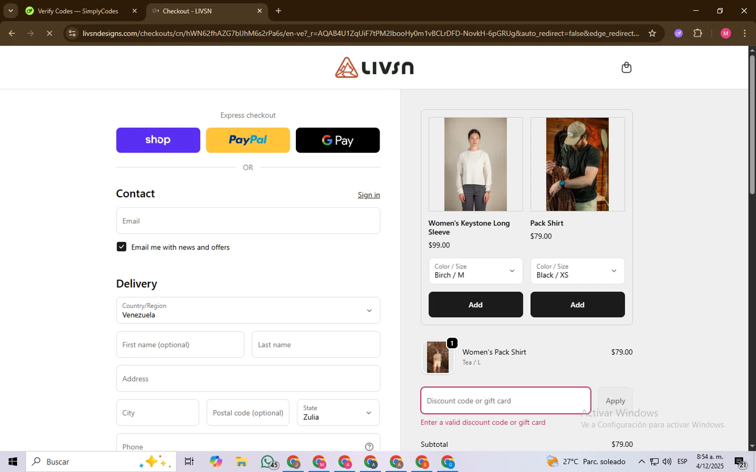LIVSN discount code screenshot showing code Nolan20 applied at LIVSN checkout page. Uploaded by SimplyCodes community member Chambeadoranonimo on Dec 4, 2025