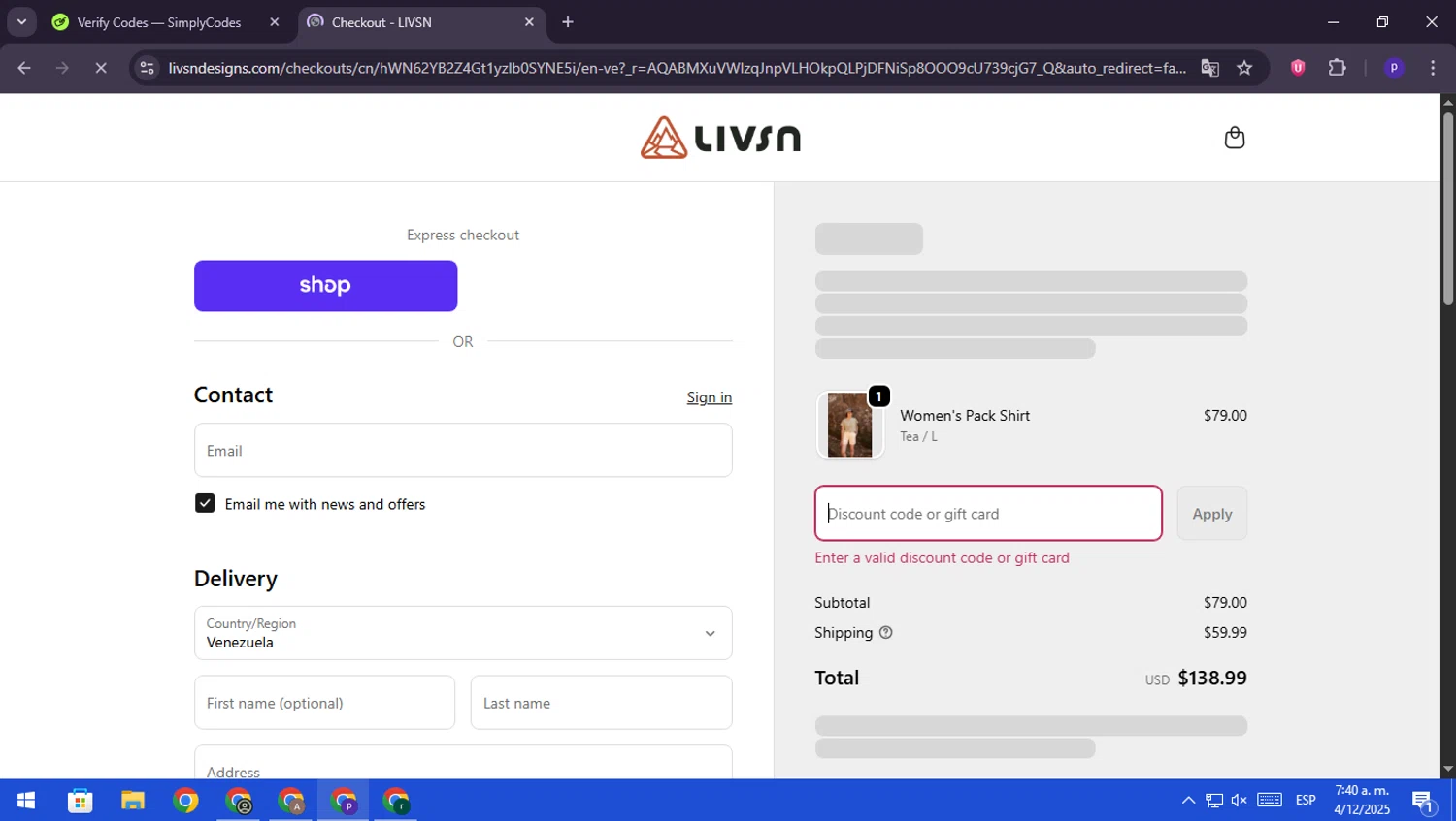 LIVSN discount code screenshot showing code Nolan20 applied at LIVSN checkout page. Uploaded by SimplyCodes community member RebateScout6612 on Dec 4, 2025