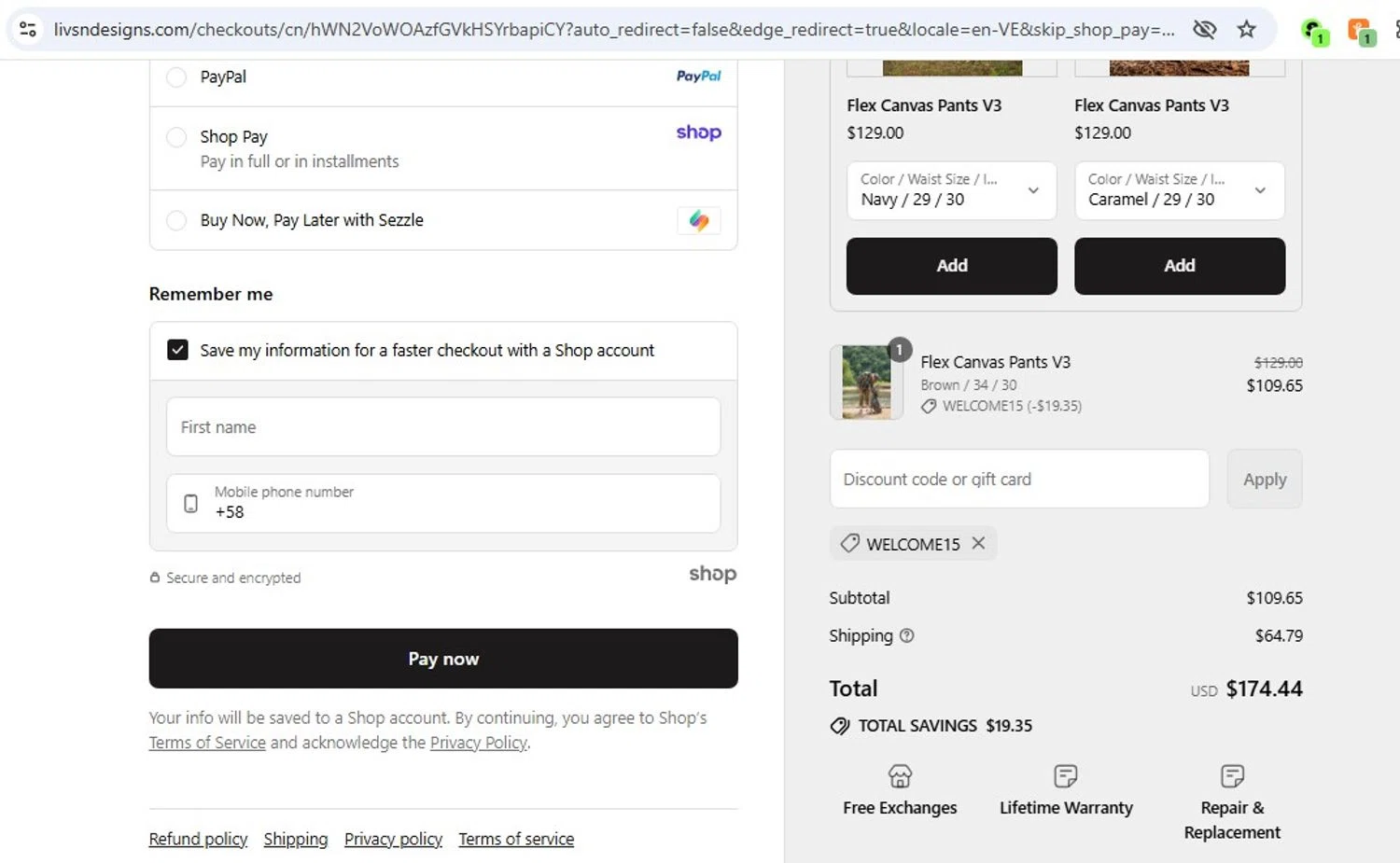 LIVSN discount code screenshot showing code WELCOME15 applied at LIVSN checkout page. Uploaded by SimplyCodes community member frankrivero on Sep 2, 2025
