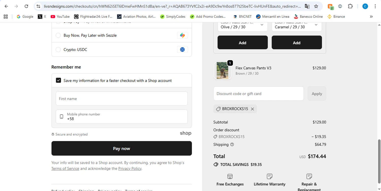 LIVSN discount code screenshot showing code BROXROCKS15 applied at LIVSN checkout page. Uploaded by SimplyCodes community member victor on Dec 4, 2025