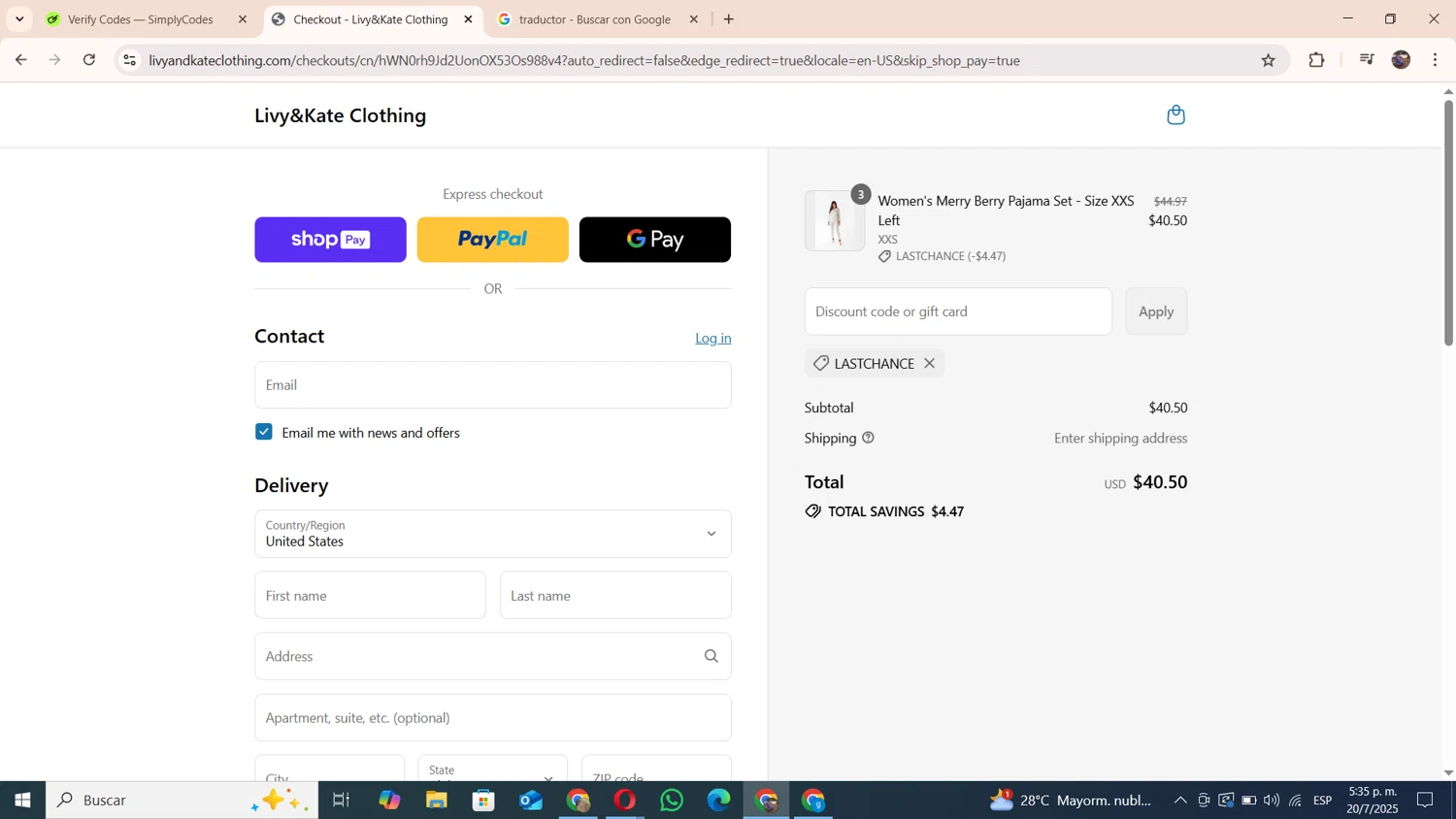Livy & Kate Clothing promo code screenshot showing code LASTCHANCE applied at Livy & Kate Clothing checkout page. Uploaded by SimplyCodes community member andresito16 on Jul 21, 2025