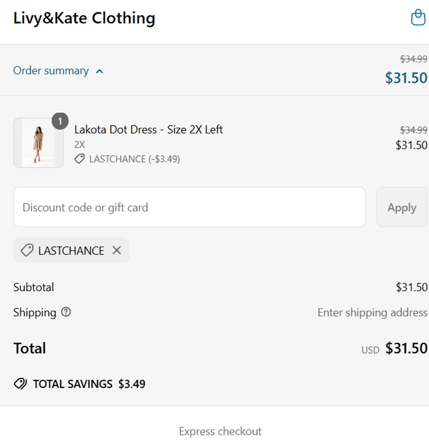 Livy & Kate Clothing promo code screenshot showing code LASTCHANCE applied at Livy & Kate Clothing checkout page. Uploaded by SimplyCodes community member SavingsPro6397 on Mar 19, 2025