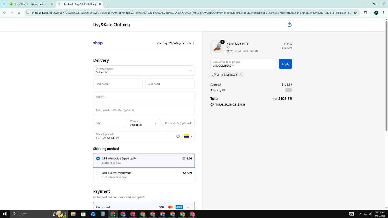 Livy & Kate Clothing promo code screenshot showing code WELCOMEBACK applied at Livy & Kate Clothing checkout page. Uploaded by SimplyCodes community member HAOJIN on Nov 5, 2025
