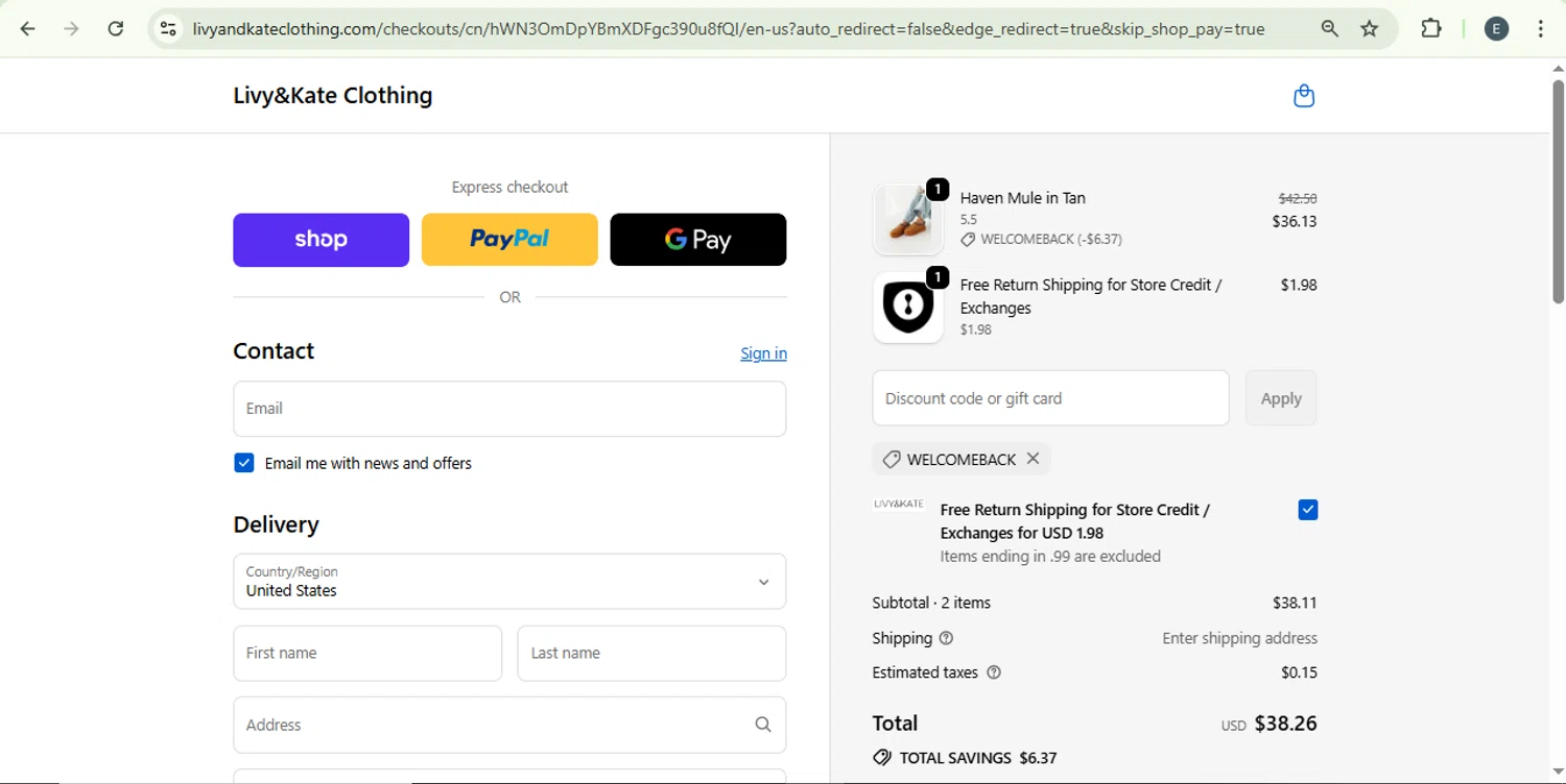 Livy & Kate Clothing promo code screenshot showing code WELCOMEBACK applied at Livy & Kate Clothing checkout page. Uploaded by SimplyCodes community member SilverKnight4465 on Sep 25, 2025