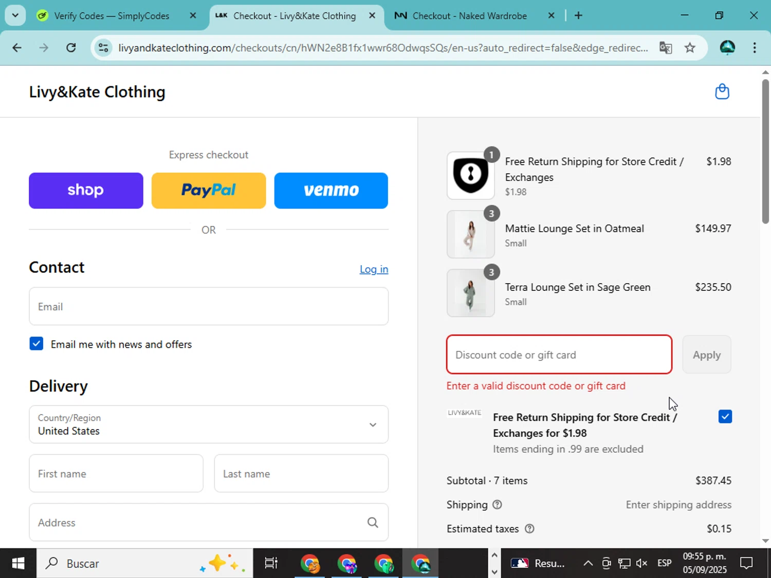Livy & Kate Clothing promo code screenshot showing code 15LABORDAY applied at Livy & Kate Clothing checkout page. Uploaded by SimplyCodes community member ingri85 on Sep 6, 2025