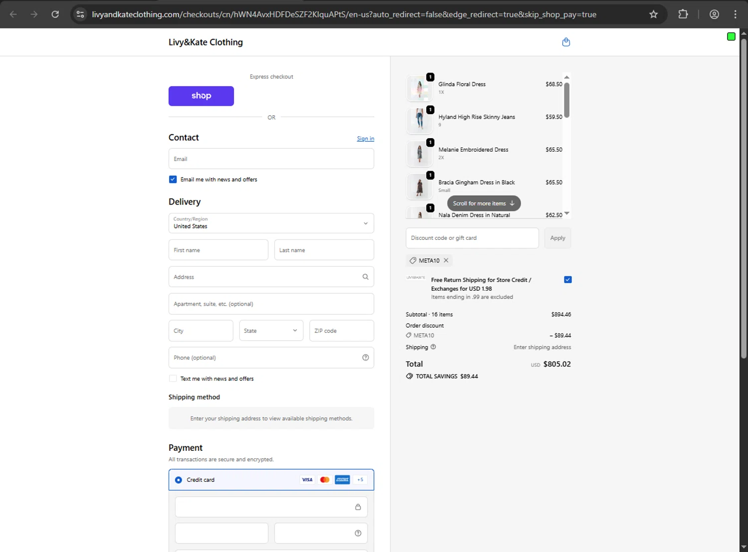 Livy & Kate Clothing promo code screenshot showing code META10 applied at Livy & Kate Clothing checkout page. Uploaded by SimplyCodes community member RayliMC on Oct 16, 2025