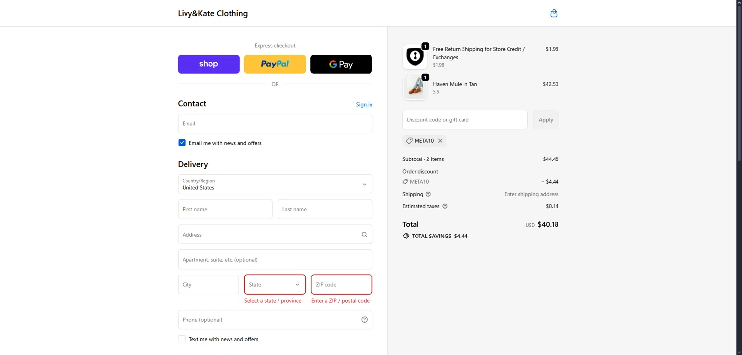 Livy & Kate Clothing promo code screenshot showing code META10 applied at Livy & Kate Clothing checkout page. Uploaded by SimplyCodes community member Dorothy on Sep 23, 2025