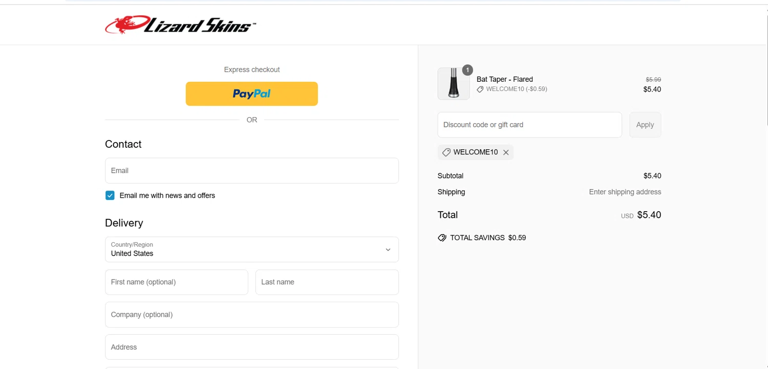Lizard Skins discount code screenshot showing code Welcome10 applied at Lizard Skins checkout page. Uploaded by SimplyCodes community member Ladybug on Mar 24, 2025