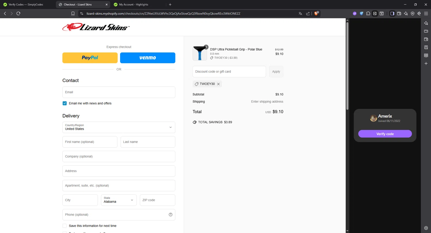 Lizard Skins checkout page showing Lizard Skins discount code box | Screenshot taken by SimplyCodes community member on Jun 30, 2025