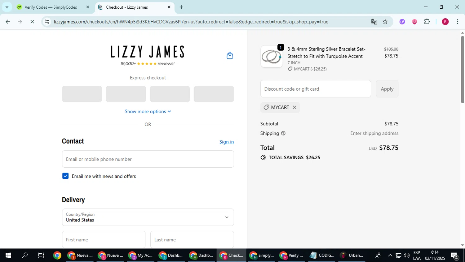Lizzy James promo code screenshot showing code MYCART applied at Lizzy James checkout page. Uploaded by SimplyCodes community member BrilliantWhiz4434 on Nov 2, 2025