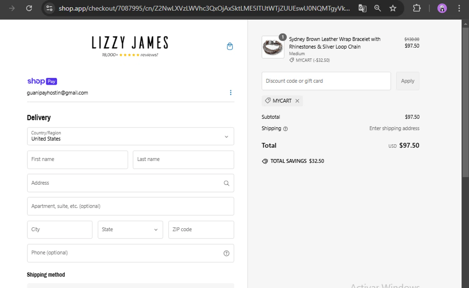 Lizzy James promo code screenshot showing code MYCART applied at Lizzy James checkout page. Uploaded by SimplyCodes community member scotlake22 on Feb 8, 2025