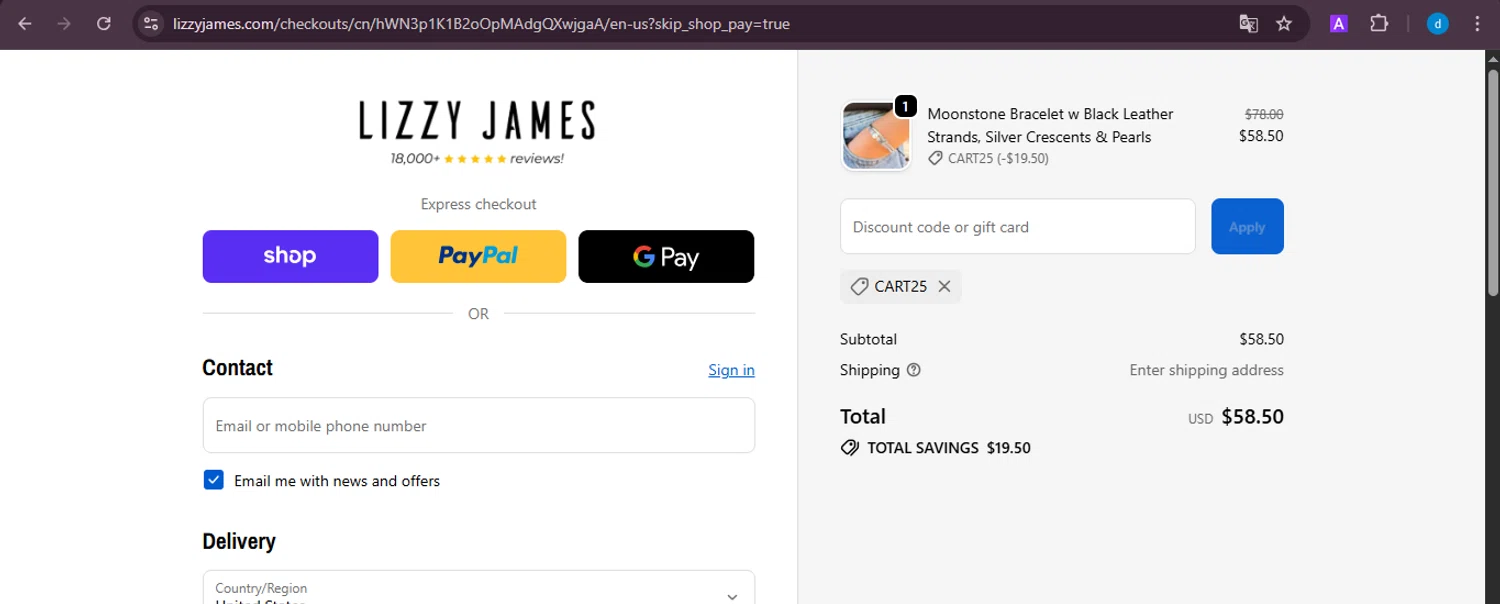 Lizzy James promo code screenshot showing code CART25 applied at Lizzy James checkout page. Uploaded by SimplyCodes community member ShieldKnight4744 on Oct 7, 2025