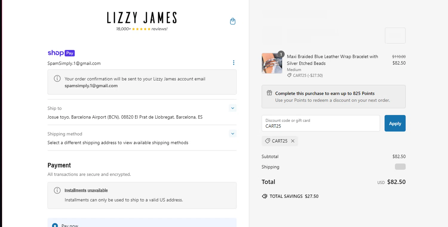 Lizzy James promo code screenshot showing code CART25 applied at Lizzy James checkout page. Uploaded by SimplyCodes community member THEBANANA on Jan 2, 2025