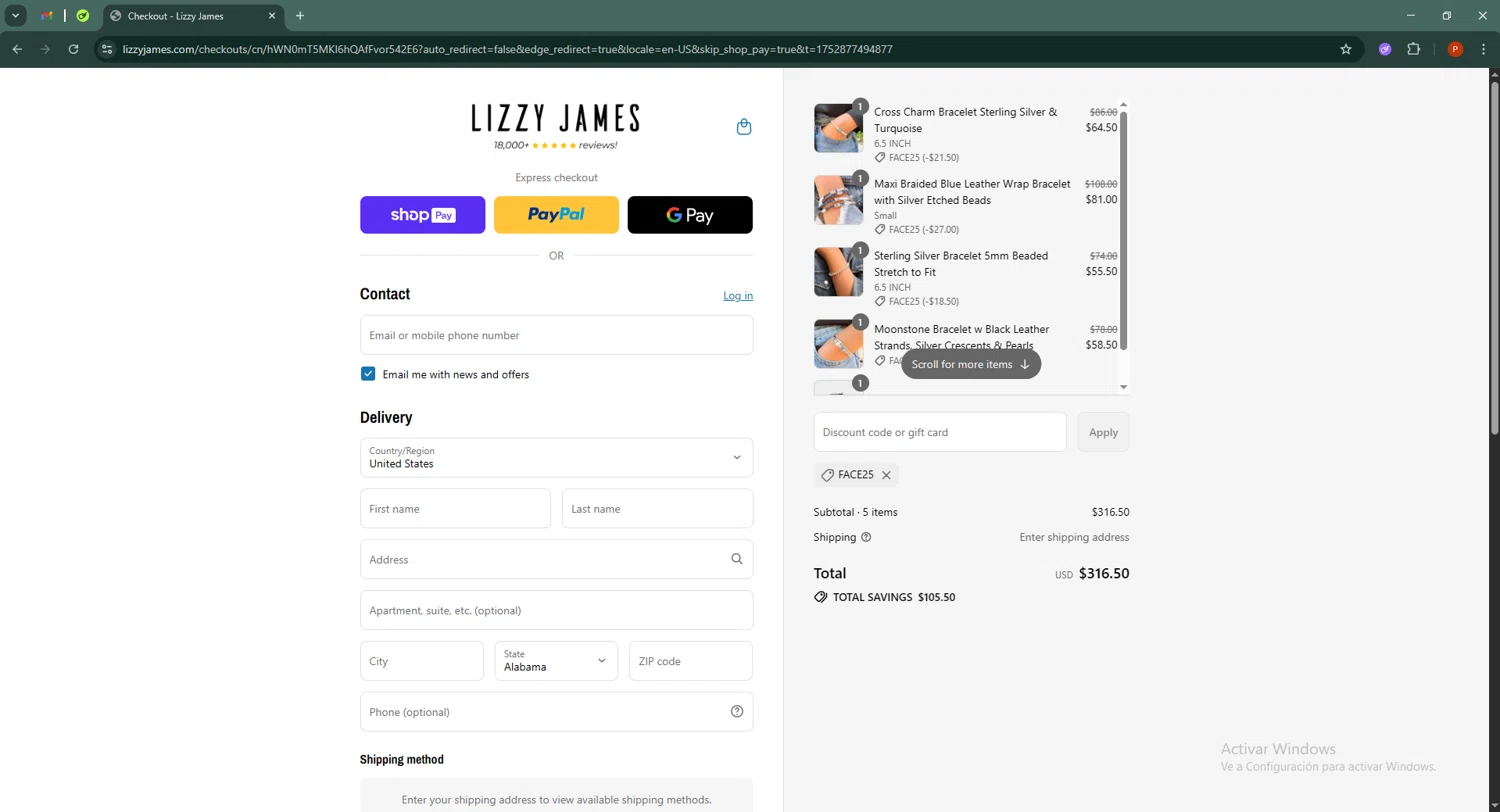 Lizzy James promo code screenshot showing code FACE25 applied at Lizzy James checkout page. Uploaded by SimplyCodes community member Isabelle_adjanichamber on Jul 18, 2025