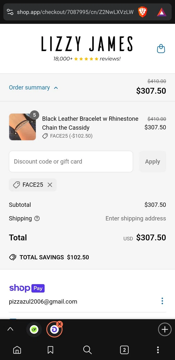 Lizzy James promo code screenshot showing code FACE25 applied at Lizzy James checkout page. Uploaded by SimplyCodes community member RoyalBoss4384 on May 13, 2025
