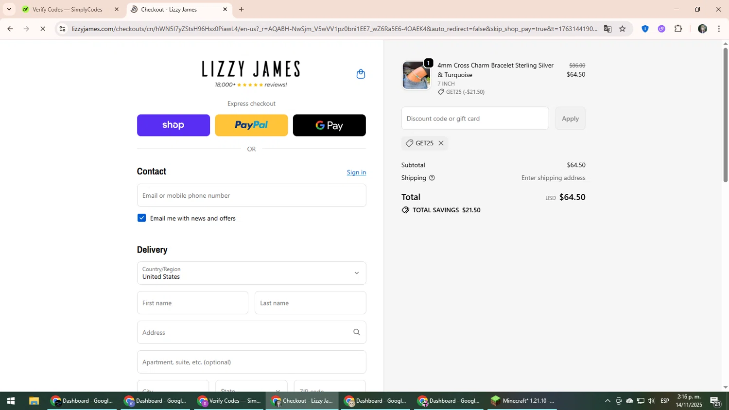 Lizzy James promo code screenshot showing code GET25 applied at Lizzy James checkout page. Uploaded by SimplyCodes community member CleverLynx6871 on Nov 14, 2025