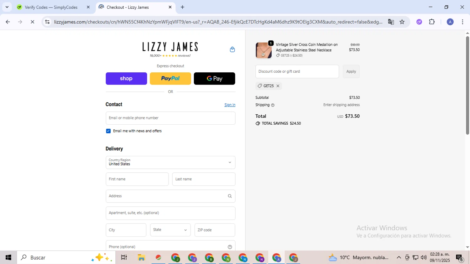 Lizzy James promo code screenshot showing code GET25 applied at Lizzy James checkout page. Uploaded by SimplyCodes community member TreasureCaptain5531 on Nov 9, 2025