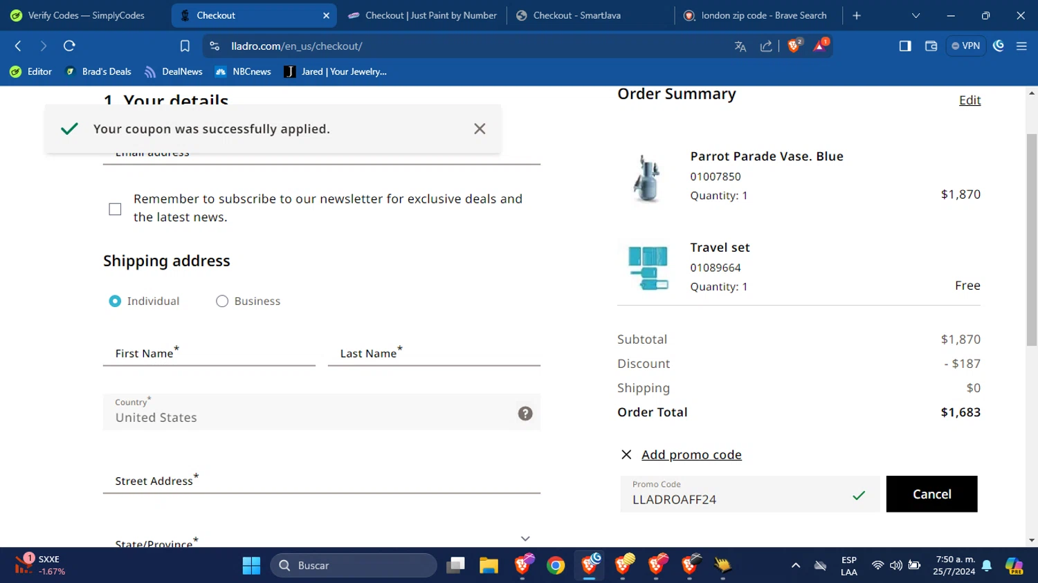 Lladro checkout page showing Lladro promo code box | Screenshot taken by SimplyCodes community member on Jul 25, 2024