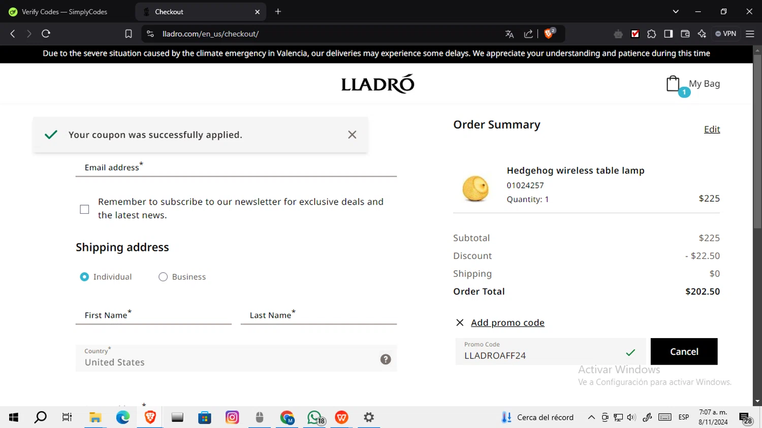 Lladro checkout page showing Lladro promo code box | Screenshot taken by SimplyCodes community member on Nov 8, 2024
