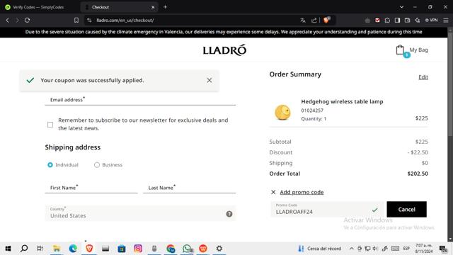 Lladro checkout page showing Lladro promo code box | Screenshot taken by SimplyCodes community member on Nov 8, 2024