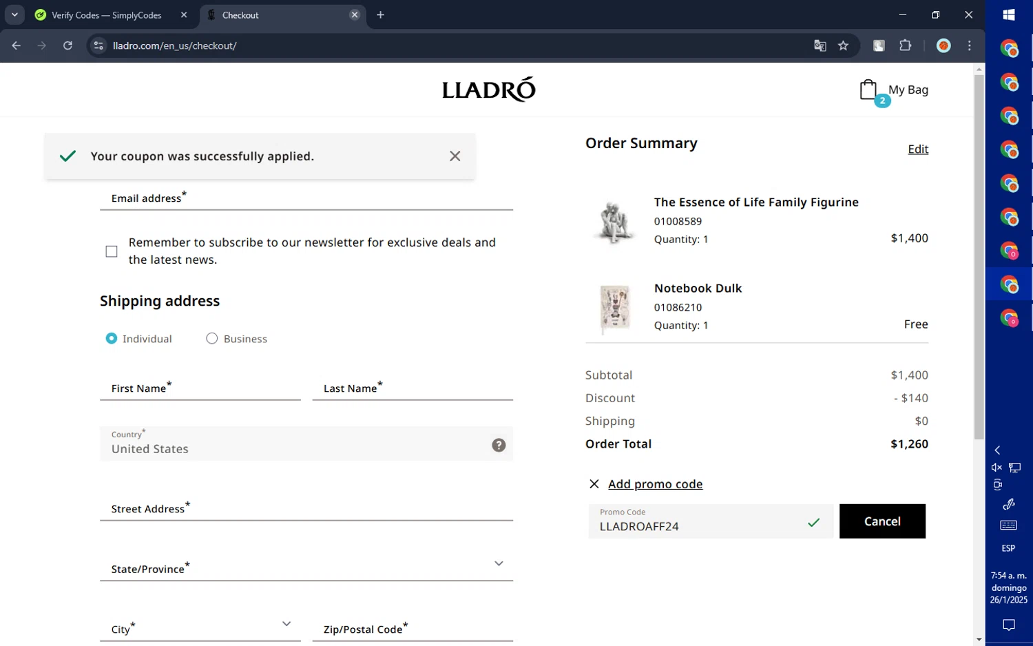 Lladro checkout page showing Lladro promo code box | Screenshot taken by SimplyCodes community member on Jan 26, 2025