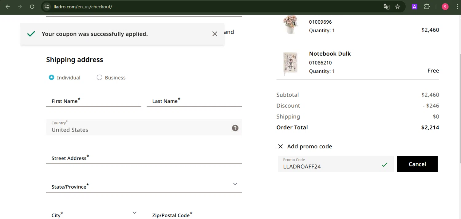 Lladro checkout page showing Lladro promo code box | Screenshot taken by SimplyCodes community member on Feb 6, 2025