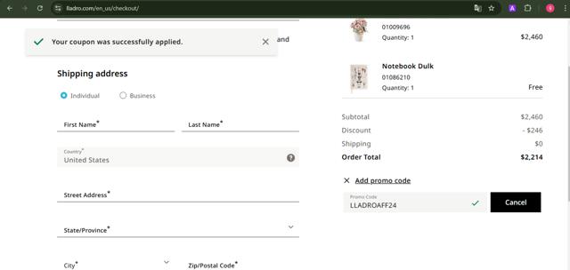 Lladro checkout page showing Lladro promo code box | Screenshot taken by SimplyCodes community member on Feb 6, 2025