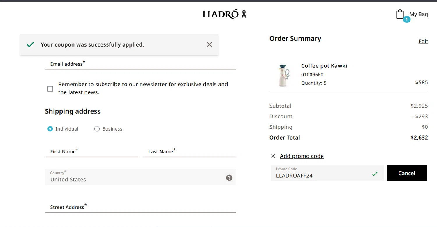 Lladro checkout page showing Lladro promo code box | Screenshot taken by SimplyCodes community member on Dec 28, 2024