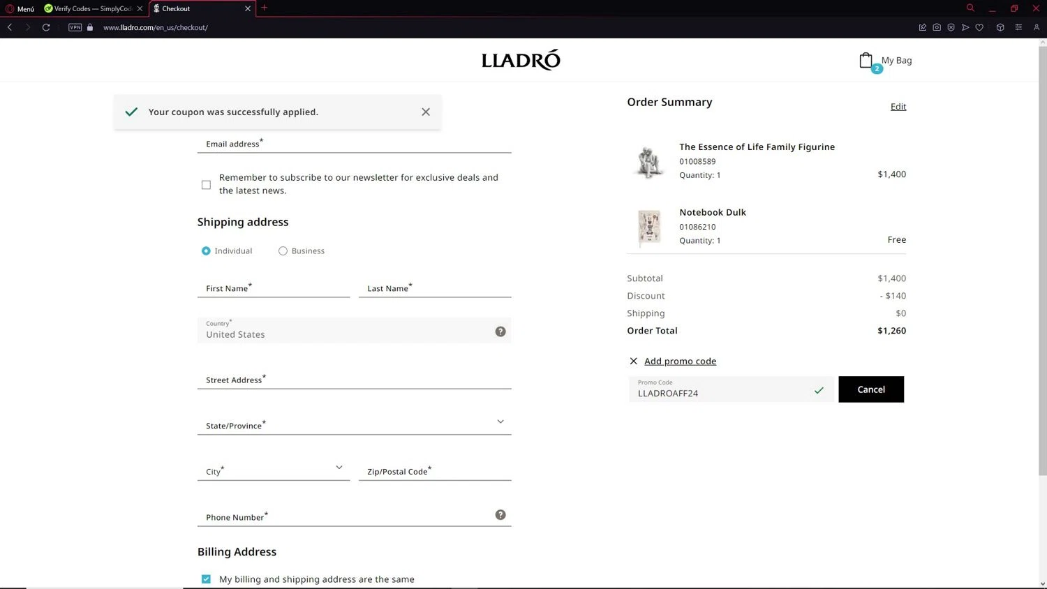 Lladro checkout page showing Lladro promo code box | Screenshot taken by SimplyCodes community member on Jan 26, 2025