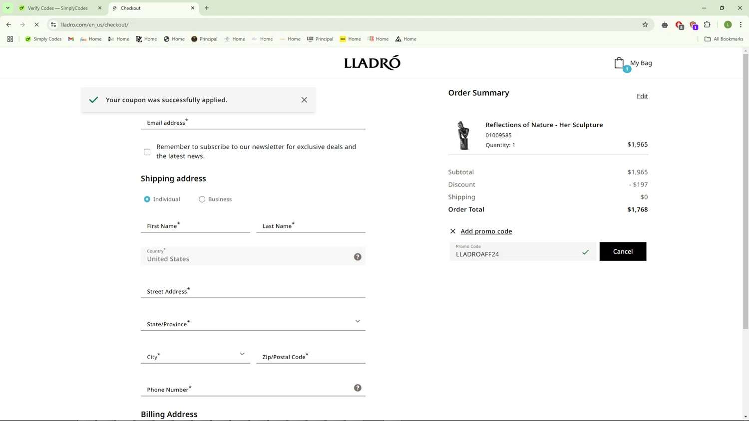 Lladro checkout page showing Lladro promo code box | Screenshot taken by SimplyCodes community member on Feb 15, 2025