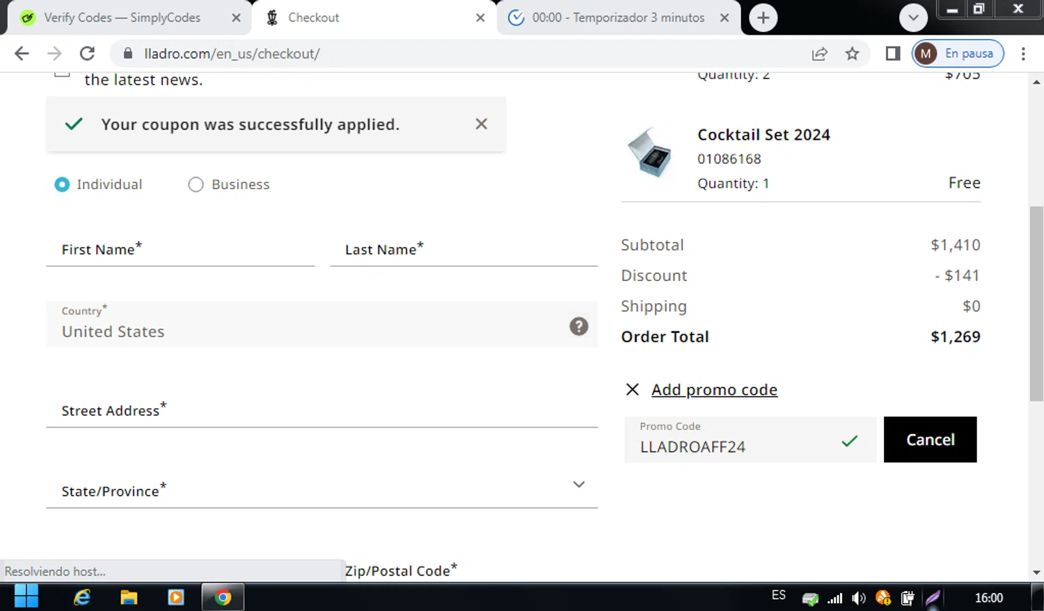Lladro checkout page showing Lladro promo code box | Screenshot taken by SimplyCodes community member on Nov 29, 2024