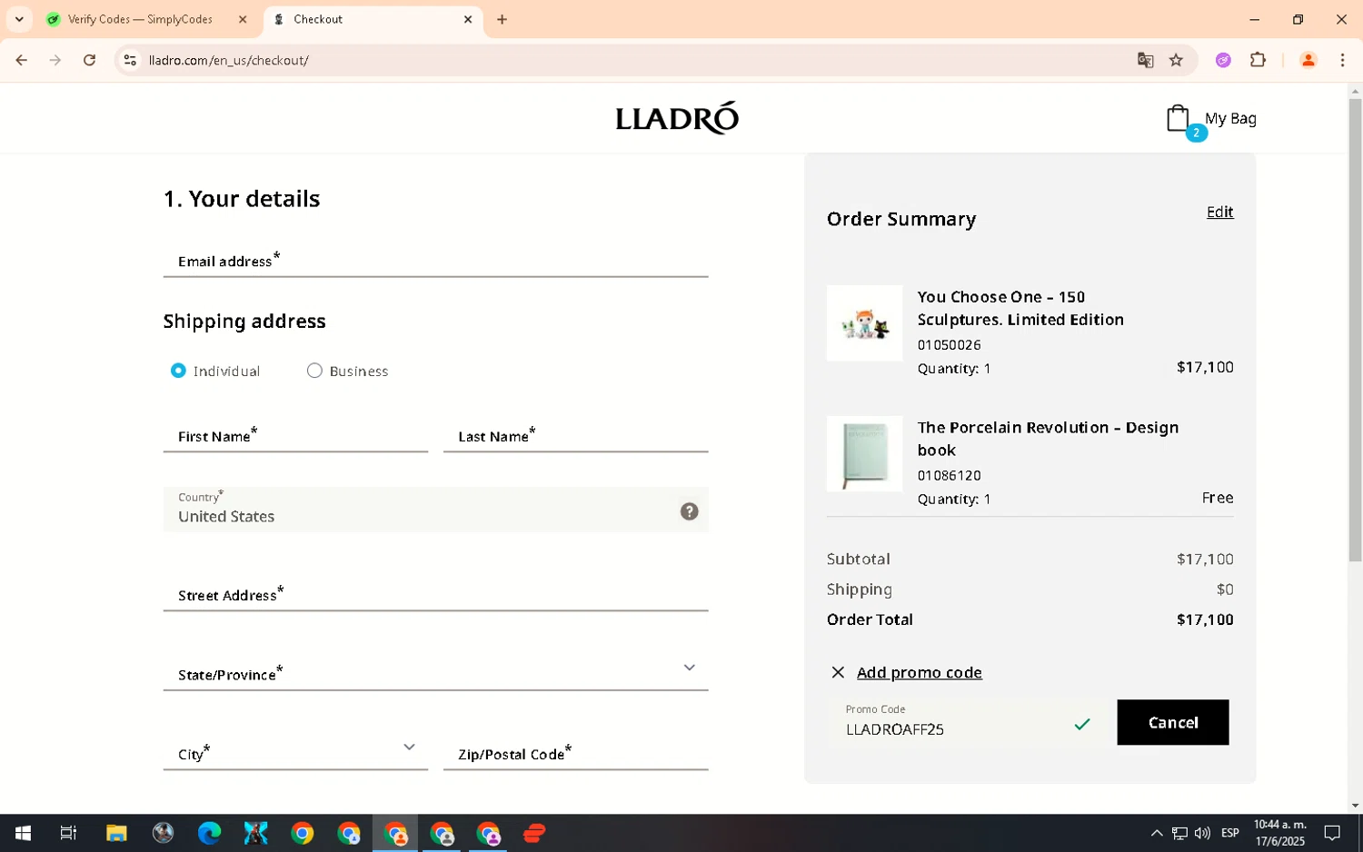 Lladro promo code screenshot showing code LLADROAFF25 applied at Lladro checkout page. Uploaded by SimplyCodes community member GloriousSpotter8024 on Jun 17, 2025
