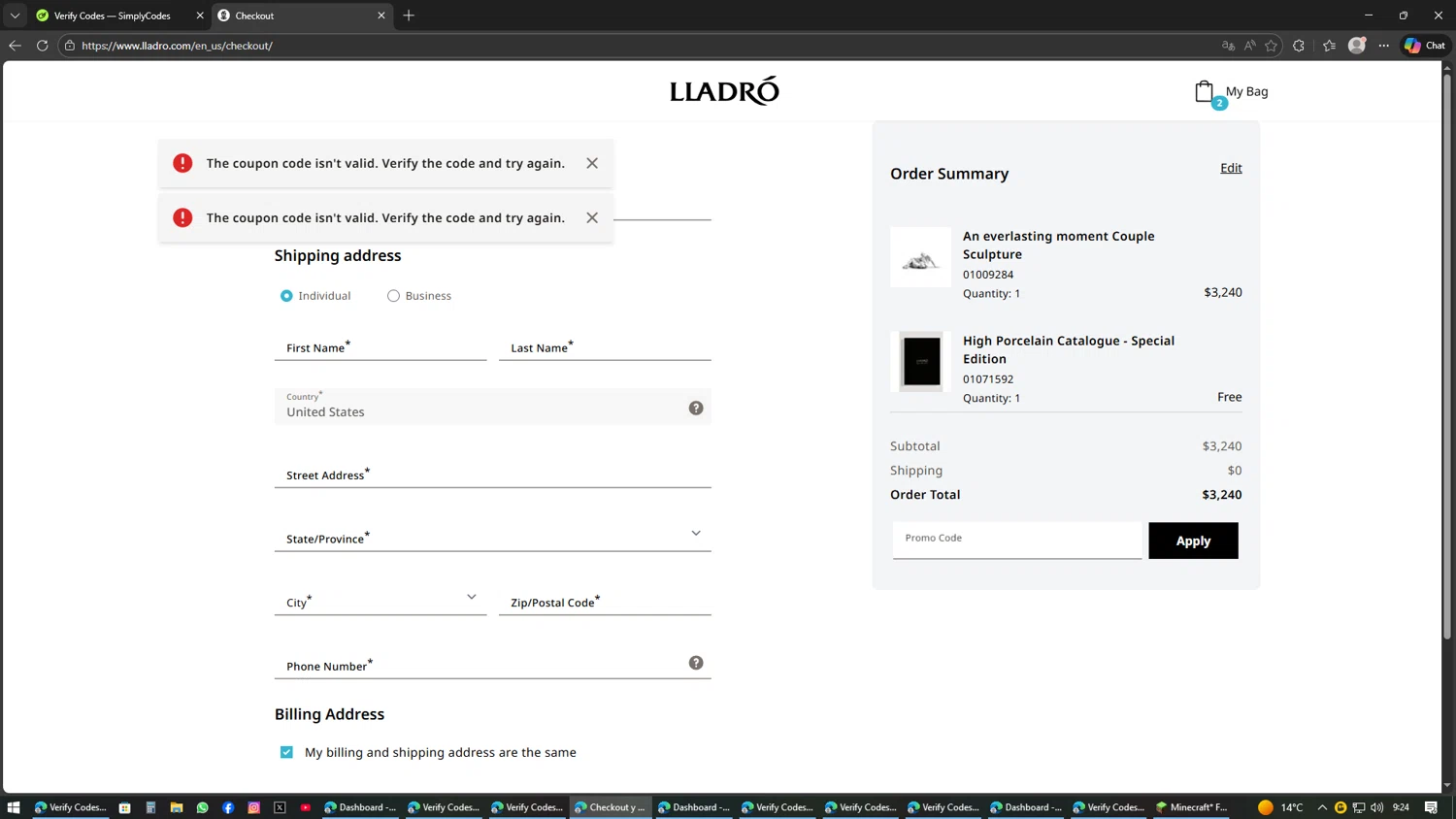 Lladro promo code screenshot showing code LLADROAFF26 applied at Lladro checkout page. Uploaded by SimplyCodes community member SwiftSage2309 on Feb 14, 2026