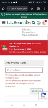 L.L. Bean Global coupon verification screenshot
