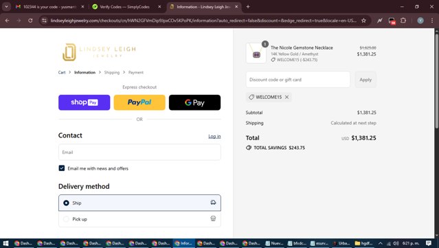 Lindsey Leigh Jewelry checkout page showing Lindsey Leigh Jewelry discount code box | Screenshot taken by SimplyCodes community member on Aug 26, 2025