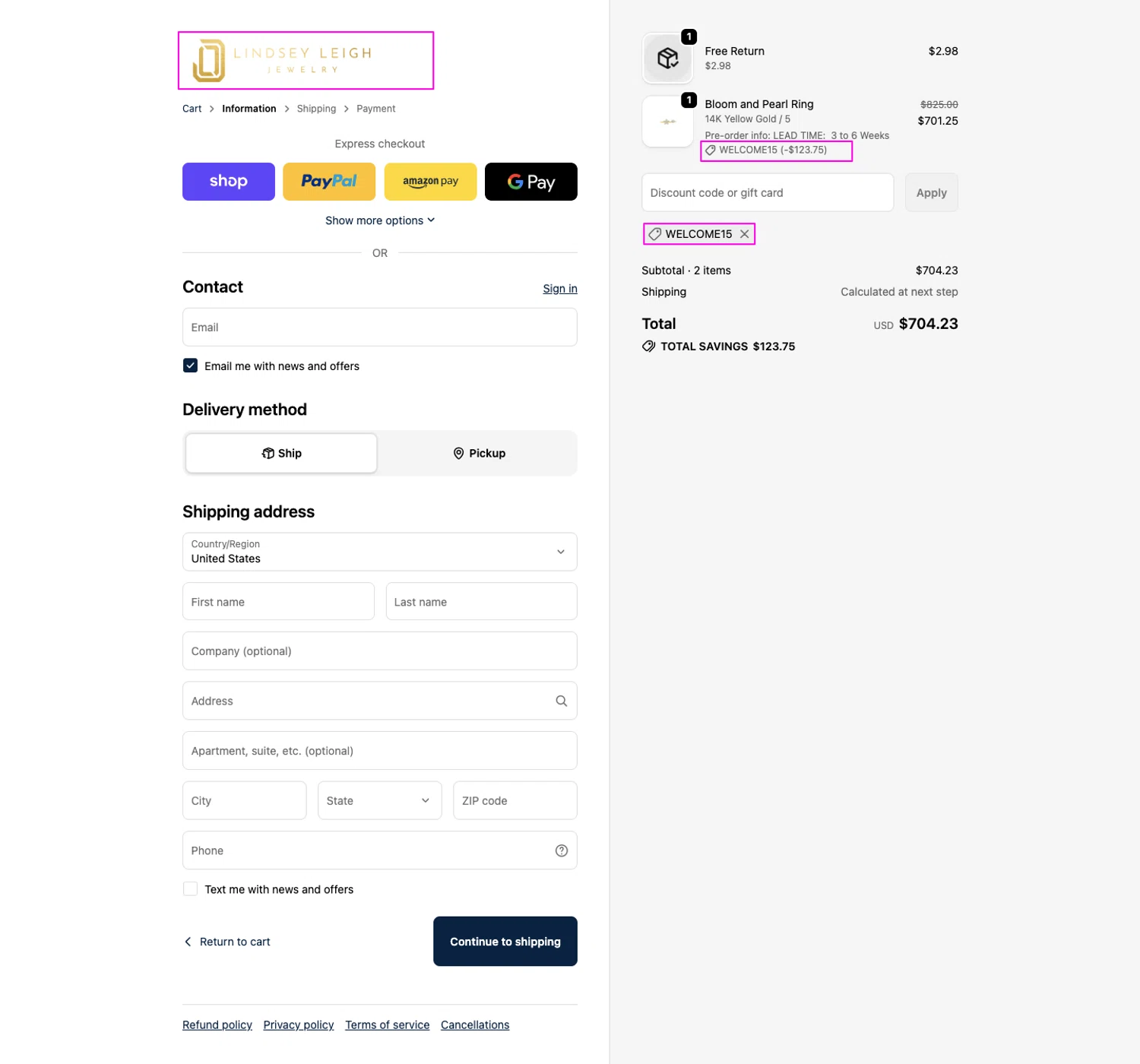 Lindsey Leigh Jewelry promo code screenshot showing code WELCOME15 applied at Lindsey Leigh Jewelry checkout page. Uploaded by SimplyCodes community member chandlerbing on Jun 16, 2026