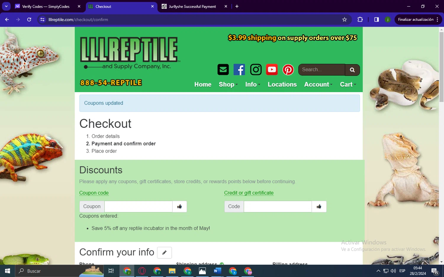 LLLReptile checkout page showing LLLReptile promo code box | Screenshot taken by SimplyCodes community member on Feb 28, 2024