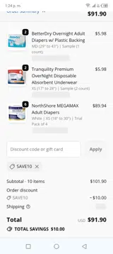 SAVE10 coupon verification screenshot