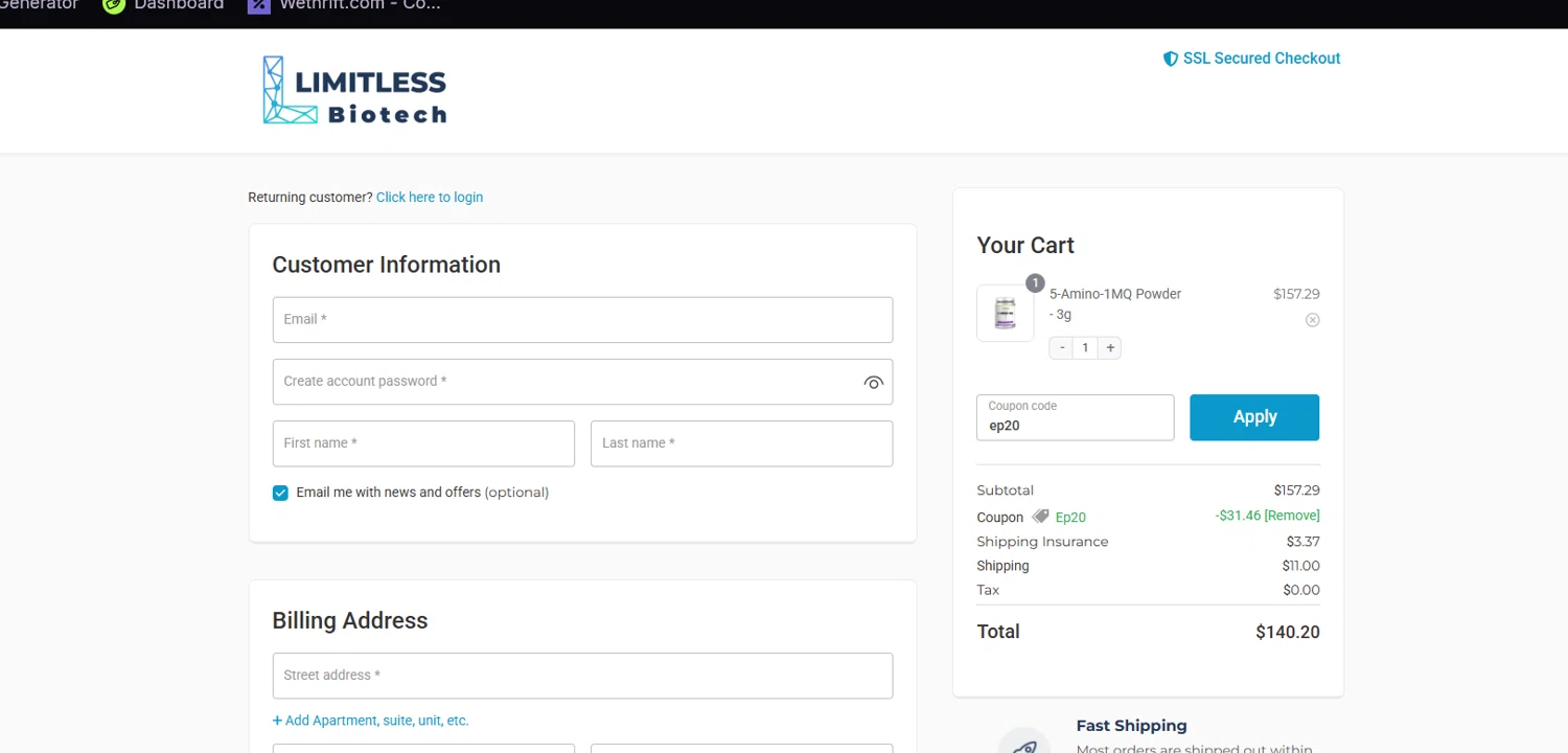 Limitless Life Nootropics discount code screenshot showing code ep20 applied at Limitless Life Nootropics checkout page. Uploaded by SimplyCodes community member Frafid on Jun 7, 2025