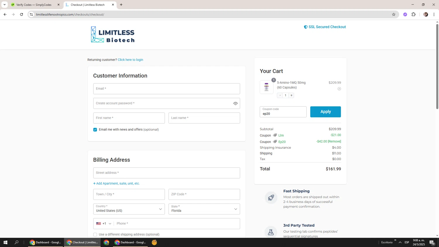 Limitless Life Nootropics discount code screenshot showing code ep20 applied at Limitless Life Nootropics checkout page. Uploaded by SimplyCodes community member Levi_Ackerman on May 24, 2025