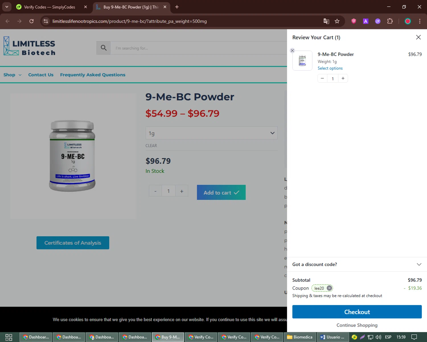 Limitless Life Nootropics discount code screenshot showing code LEE20 applied at Limitless Life Nootropics checkout page. Uploaded by SimplyCodes community member Richard_Miller on Aug 4, 2025