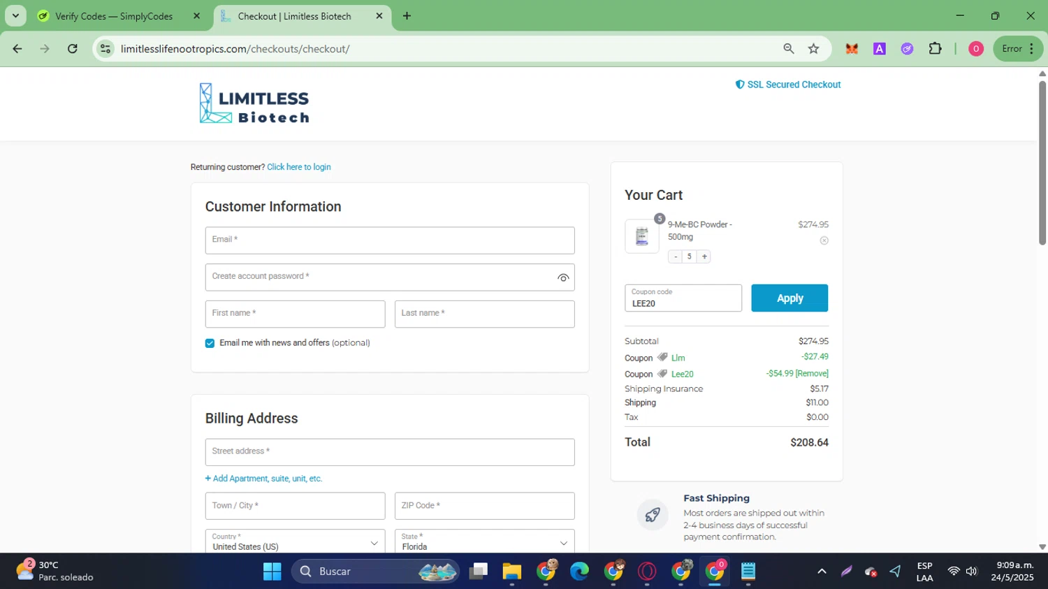 Limitless Life Nootropics discount code screenshot showing code LEE20 applied at Limitless Life Nootropics checkout page. Uploaded by SimplyCodes community member SilverVirtuoso7221 on May 24, 2025