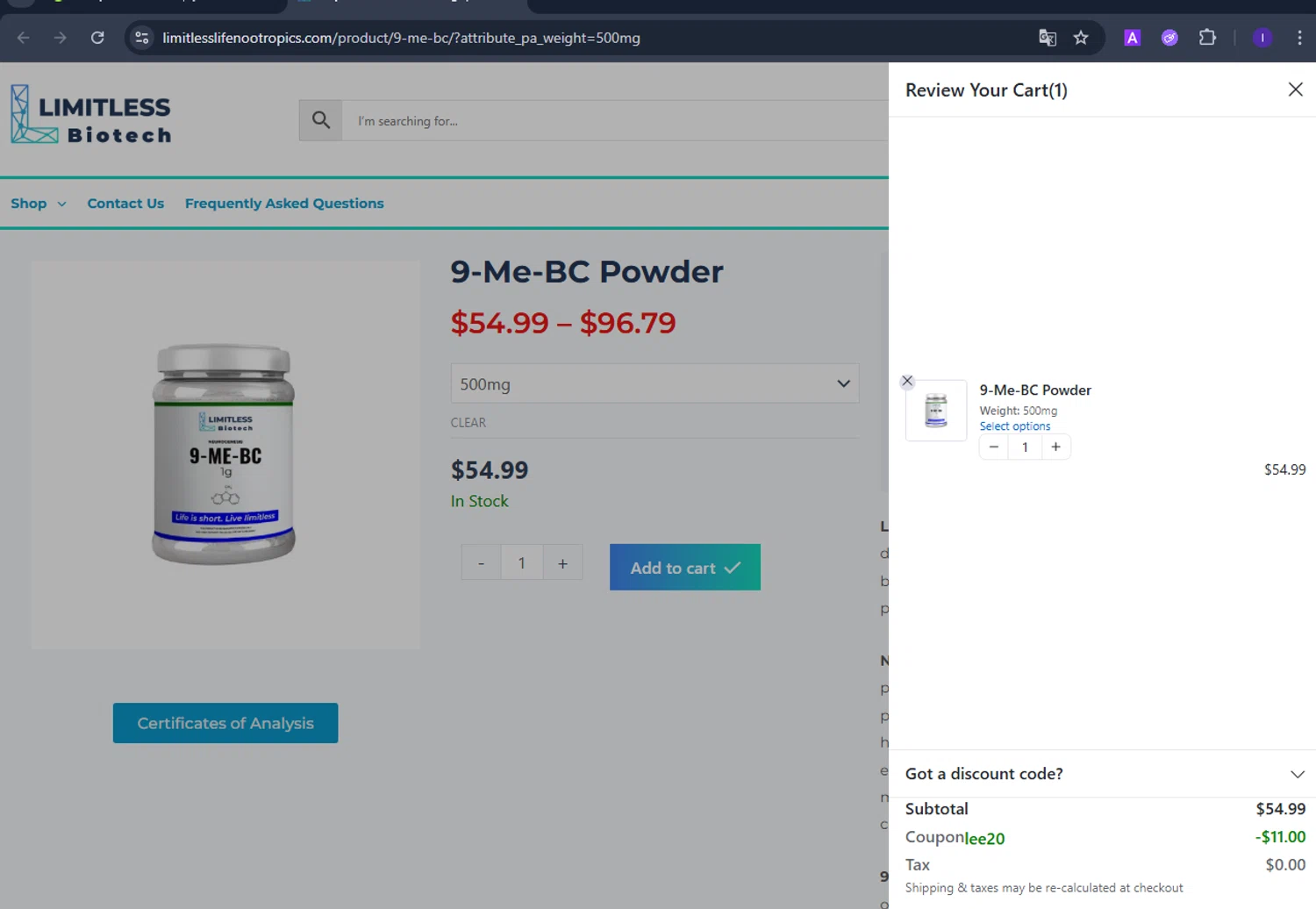 Limitless Life Nootropics discount code screenshot showing code LEE20 applied at Limitless Life Nootropics checkout page. Uploaded by SimplyCodes community member rafael2 on Jun 7, 2025