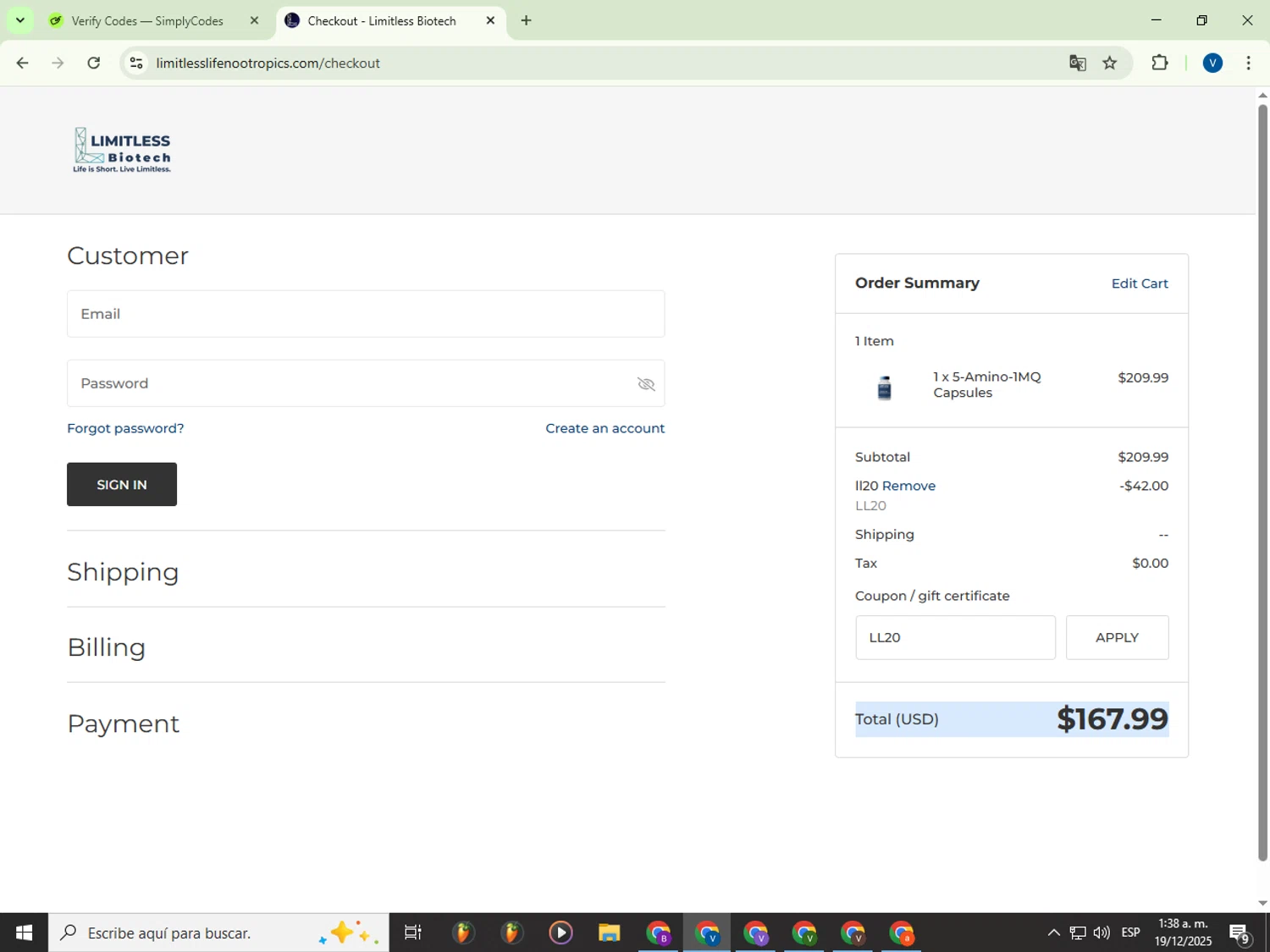 Limitless Life Nootropics discount code screenshot showing code LL20 applied at Limitless Life Nootropics checkout page. Uploaded by SimplyCodes community member Garou_Y2K on Dec 19, 2025