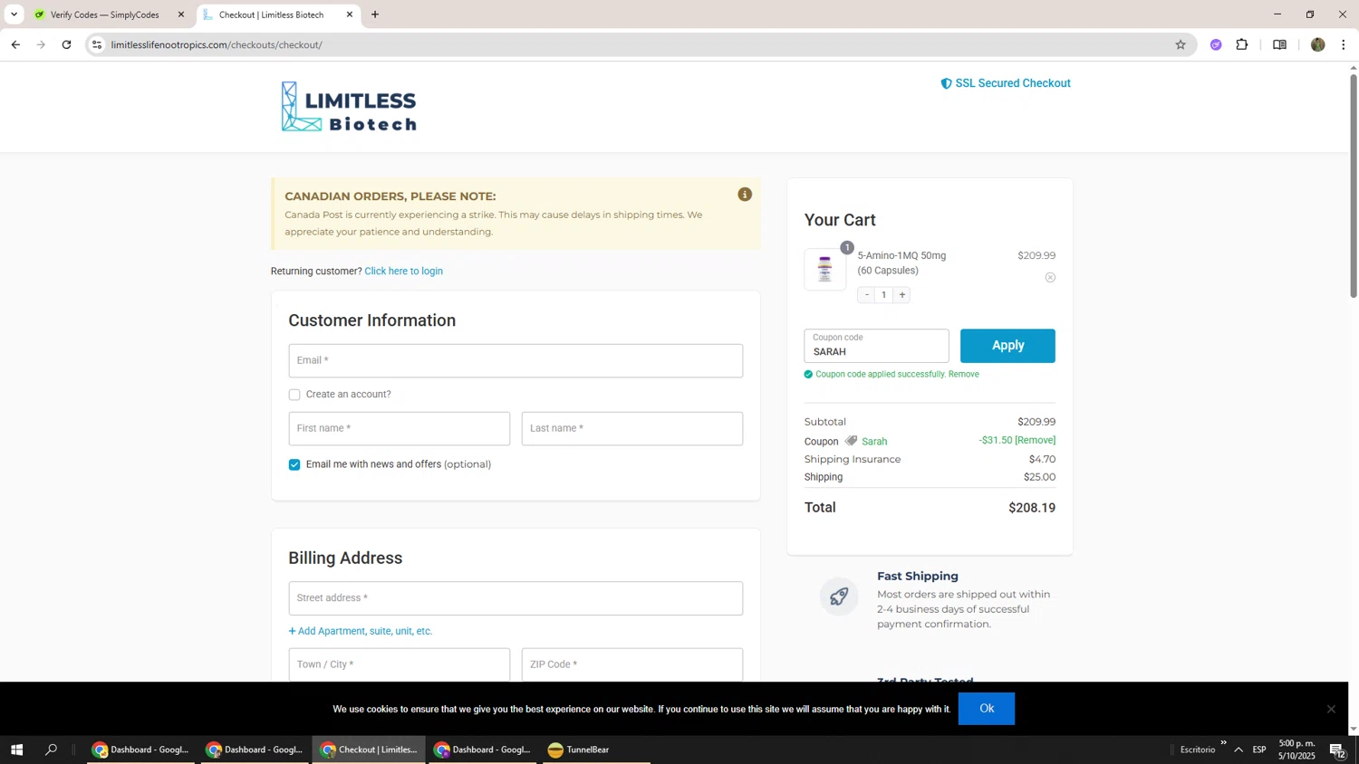 Limitless Life Nootropics discount code screenshot showing code SARAH applied at Limitless Life Nootropics checkout page. Uploaded by SimplyCodes community member Phoenix585 on Oct 5, 2025