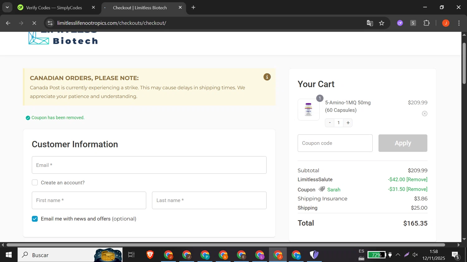 Limitless Life Nootropics discount code screenshot showing code SARAH applied at Limitless Life Nootropics checkout page. Uploaded by SimplyCodes community member RewardLion5095 on Nov 12, 2025