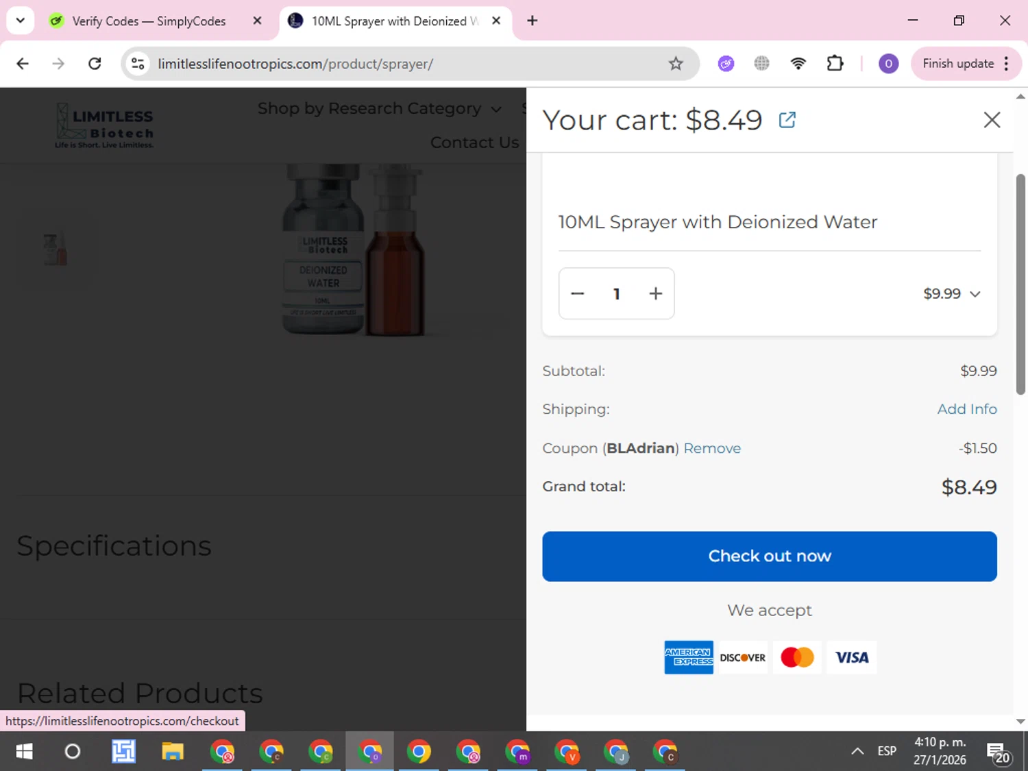 Limitless Life Nootropics checkout page showing Limitless Life Nootropics discount code box | Screenshot taken by SimplyCodes community member on Jan 27, 2026