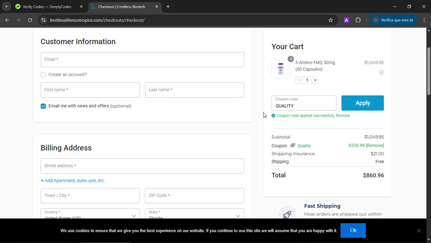 Limitless Life Nootropics discount code screenshot showing code QUALITY applied at Limitless Life Nootropics checkout page. Uploaded by SimplyCodes community member b3stia_1 on Sep 22, 2025