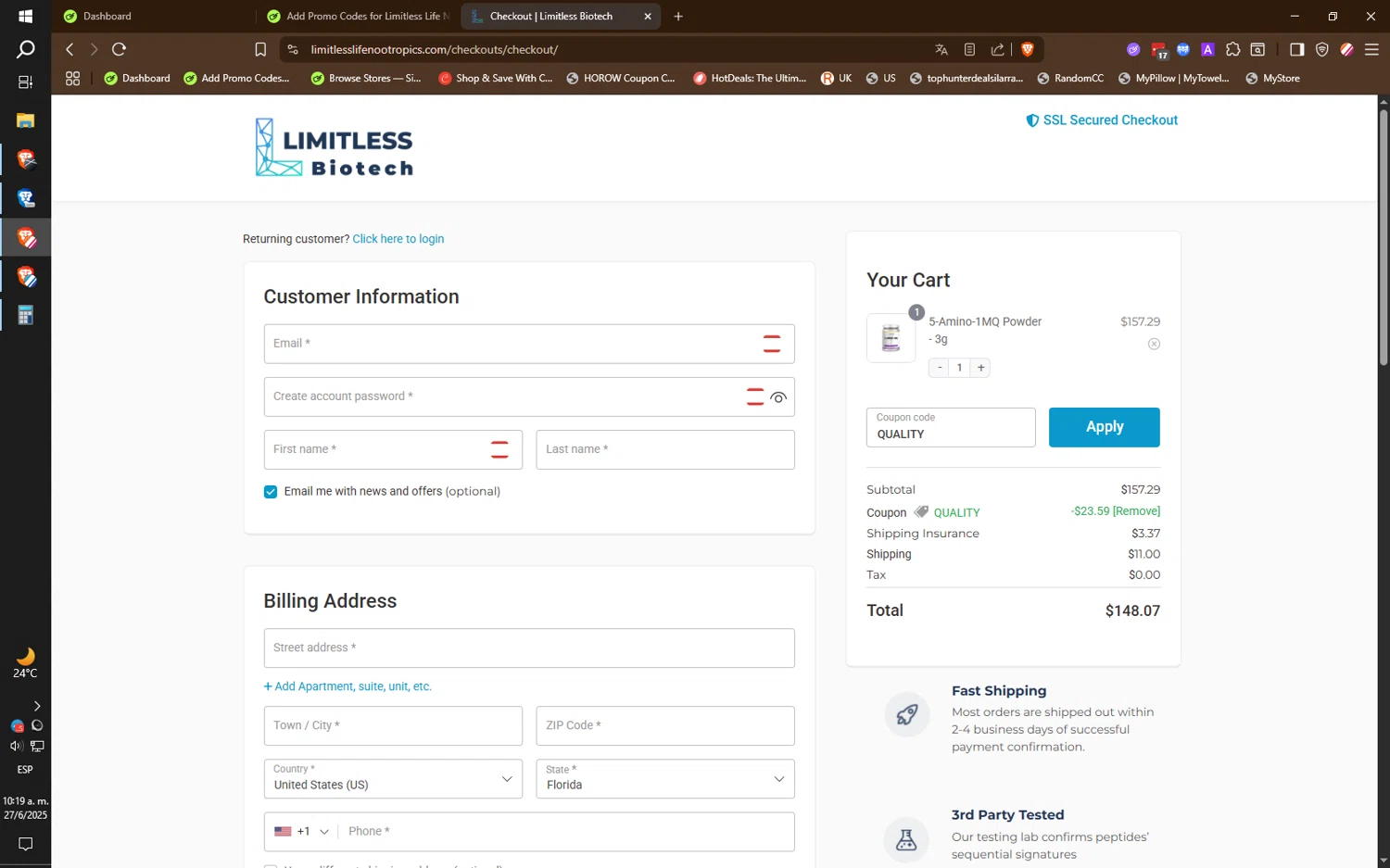 Limitless Life Nootropics discount code screenshot showing code QUALITY applied at Limitless Life Nootropics checkout page. Uploaded by SimplyCodes community member IronMind4607 on Jun 27, 2025