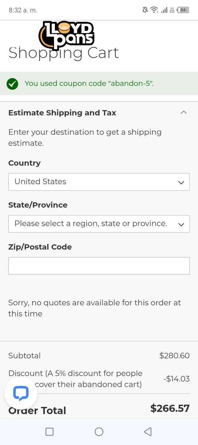 LloydPans promo code screenshot showing code abandon-5 applied at LloydPans checkout page. Uploaded by SimplyCodes community member BonusVoyager4214 on Jun 20, 2026